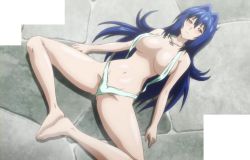 1girl areola_slip bare_shoulders barefoot blue_hair blush breasts brown_eyes collarbone dutch_angle exercising feet feet_together female_focus from_above groin hair_between_eyes hair_intakes jewelry large_breasts legs light_smile long_hair looking_at_viewer lying maken-ki! navel nijou_aki on_back on_ground outdoors pendant screencap shadow shiny_skin slingshot_swimsuit soles_together solo stitched sweat swimsuit takami_akio thighs third-party_edit rating:Questionable score:42 user:vincaddo