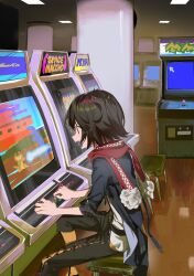  1boy absurdres arcade arcade_cabinet black_coat black_eyes black_hair black_pants ceiling_light coat feet_out_of_frame from_side highres indoors kome_non looking_at_screen male_focus mashiro_meme mashiro_meme_(1st_costume) nijisanji on_stool open_clothes open_coat open_mouth orange_pantyhose pants pantyhose pillar playing_games profile red_nails red_scarf scarf shirt short_hair short_sleeves sitting solo v-shaped_eyebrows virtual_youtuber white_shirt 