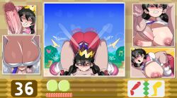 1boy 1girl absurdres black_hair braid breasts breasts_out captain_kirb clothed_female_nude_male clothed_sex clothes crown deepthroat fellatio glasses highres huge_breasts huge_penis kirby_(series) kirby_64 long_hair looking_at_viewer nintendo nipples nude oral paizuri penis pov purple_eyes ripple_star_queen twin_braids twintails veins veiny_penis