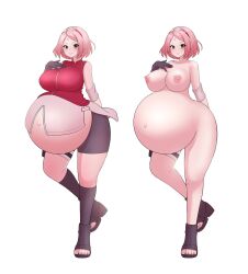  1girl absurdres big_belly breasts el_vibritania facial_mark female_focus forehead_mark full_body functionally_nude gloves green_eyes haruno_sakura highres huge_breasts kneehighs large_breasts looking_at_viewer naruto_(series) nipples open-toe_shoes pink_hair pregnant short_hair socks solo thick_thighs thighs toes  rating:Questionable score:18 user:catonfire26