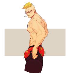  1boy bara blonde_hair bluefriedchick bulge bulge_lift chest_tattoo cowboy_shot cropped_legs dressing glasses highres i&#039;ve_never_seen_a_guy_recreate_this_successfully_tbh_(meme) large_pectorals male_focus male_underwear marco_(one_piece) meme mohawk muscular muscular_male nipples one_piece open_pants pants pants_lift pectorals pineapple_print print_male_underwear profile red_male_underwear short_hair solo sparse_stubble tattoo topless_male undersized_clothes underwear 