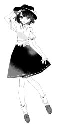 1girl collared_shirt full_body greyscale hand_on_headwear hand_up hat hat_ribbon highres loafers looking_at_viewer monochrome open_mouth ribbon screentones shirt shoes short_hair short_sleeves simple_background skirt socks solo standing torii_sumi touhou usami_renko white_background 