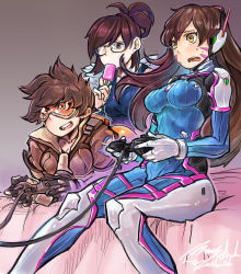  3girls alternate_hairstyle animal_print armor bed bed_sheet black_gloves bodysuit bonesfish boots breasts brown_eyes brown_hair collarbone controller d.va_(overwatch) dated eyebrows facepaint facial_mark food fur_trim game_controller gamepad glasses gloves goggles hair_bun headphones high_collar high_ponytail ice_cream jacket leather leather_jacket long_hair medium_breasts mei_(overwatch) multiple_girls on_bed open_mouth overwatch overwatch_1 pilot_suit playing_games ponytail rabbit rabbit_print short_hair shoulder_pads signature single_hair_bun sitting sleeves_rolled_up smile spiked_hair sweatdrop thigh_boots thighhighs tracer_(overwatch) turtleneck whisker_markings white_footwear white_gloves 