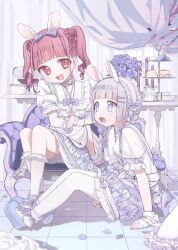  2girls :d animal_ears arm_support bad_id bad_twitter_id blue_eyes blue_flower blue_footwear blue_rose blunt_bangs bouquet bow braid braided_twintails cake collared_dress commentary_request cup curtains dress feeding flower food food_on_face frilled_dress frilled_socks frills full_body grey_hair hair_bow hairband highres holding holding_food indoors lolita_fashion lolita_hairband long_hair looking_at_another macaron multiple_girls nkohime open_mouth original pantyhose petals print_dress puffy_short_sleeves puffy_sleeves purple_bow rabbit_ears red_hair rose shoes short_sleeves sidelocks sitting smile socks teacup teapot tiered_tray tile_floor tiles twin_braids twintails white_dress white_pantyhose white_socks wrist_cuffs 