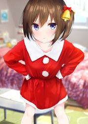  1girl :t bad_id bad_pixiv_id bed bell blue_eyes blurry blurry_background blush bow brown_hair christmas closed_mouth commentary_request depth_of_field dress hair_bell hair_between_eyes hair_ornament hands_on_own_hips highres indoors leaning_forward long_sleeves looking_at_viewer mito_ichijyo multicolored_eyes original purple_eyes red_bow red_dress santa_costume short_hair side_ponytail solo standing v-shaped_eyebrows window wing_collar 