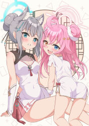  2girls :d all_fours animal_ears ass bare_shoulders bent_over blue_archive blue_eyes blue_halo blush breasts chinese_clothes covered_navel cross_hair_ornament detached_sleeves double_bun dress fang grin hair_between_eyes hair_bun hair_ornament halo heterochromia highres hoshino_(blue_archive) itaba_atsushi kneeling long_hair medium_breasts multiple_girls open_mouth orange_eyes pink_hair pink_halo shiroko_(blue_archive) single_hair_bun skin_tight smile star_(symbol) star_hair_ornament thighs very_long_hair white_dress white_hair 
