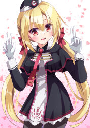 1girl absurdres arihara_nanami black_capelet black_dress black_hat blonde_hair blush bow capelet commentary_request cowboy_shot double_v dress eyes_visible_through_hair garrison_cap gloves hair_between_eyes hair_bow hair_ribbon hands_up happy hat heart heart_background highres hood hood_down lace lace-trimmed_dress lace_trim long_hair long_sleeves looking_at_viewer low_twintails miz_awa necktie open_mouth pink_background red_bow red_eyes red_necktie red_ribbon ribbon riddle_joker simple_background smile solo straight_hair twintails v very_long_hair white_background white_gloves 