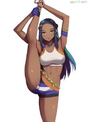1girl abs aqua_eyes aqua_hair armlet belly_chain bike_shorts black_hair blue_hair breasts closed_mouth commentary creatures_(company) dark-skinned_female dark_skin dated earclip earrings expressionless game_freak gloves highres hoop_earrings jewelry large_breasts leg_hold long_hair looking_at_viewer medium_breasts multicolored_hair navel necklace nessa_(pokemon) nintendo pokemon pokemon_swsh sandals signature single_glove solo split standing standing_on_one_leg standing_split two-tone_hair white_footwear yamamori_kinako rating:Questionable score:30 user:danbooru