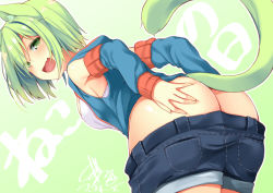 1girl animal_ears ass blush butt_crack cat_ears cat_tail clothes_pull detached_sleeves dodome-iro_mayonnaise dutch_angle from_behind from_below green_eyes green_hair looking_at_viewer mooning open_mouth original sharon_(dodomayo) short_hair shorts shorts_pull solo tail 