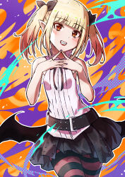  1girl absurdres black_ribbon black_skirt blonde_hair blunt_bangs blush breasts cruzango0510 hair_ribbon highres hime-sama_&quot;goumon&quot;_no_jikan_desu looking_ahead low_wings multicolored_background multicolored_hair orange_eyes own_hands_together pantyhose pink_hair pointy_ears purple_nails red_lips ribbon sharp_teeth shirt short_twintails skirt sleeveless sleeveless_shirt slit_pupils small_breasts smile solo streaked_hair striped_clothes striped_thighhighs teeth thighhighs twintails vampire vanilla_peschutz white_shirt wings 