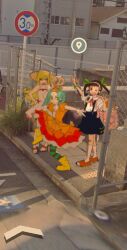  3girls :d :| arm_up backpack bag bandaid bandaid_on_knee bandaid_on_leg black_hair black_skirt blonde_hair boots building chain-link_fence closed_mouth dress fang fence full_body google_maps green_eyes green_pantyhose hachikuji_mayoi hand_up hat highres looking_at_viewer monogatari_(series) multiple_girls ononoki_yotsugi open_mouth orange_dress oshino_shinobu outdoors pantyhose photo-referenced photo_background raised_curb red_eyes red_footwear road road_sign shirt sign skin_fang skirt smile socks striped_clothes striped_pantyhose sun_hat sundress suspender_skirt suspenders tbrsnsk twintails v white_dress white_shirt white_socks yellow_eyes yellow_footwear 