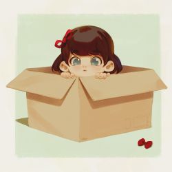  1girl alkemanubis blue_eyes bow unworn_bow box brown_hair cardboard_box child female_focus hair_bow highres in_box in_container looking_at_viewer original red_bow short_hair solo swept_bangs two-tone_background  rating:Sensitive score:39 user:danbooru