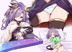 1girl bare_legs blue_panties blue_thighhighs brown_thighhighs cape contemporary food granblue_fantasy hair_over_one_eye harvin hat lyre navel niyon_(granblue_fantasy) open_mouth p-chan_(mitsuta52) panties pantyshot pillow pink_eyes pointy_ears shirt side-tie_panties solo t-shirt thighhighs translation_request underwear white_panties 