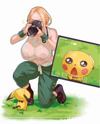  1girl blonde_hair breast_awe breasts camera cleavage covered_erect_nipples creatures_(company) drooling game_freak gen_2_pokemon grass highres huge_breasts large_areolae materclaws nintendo nipples no_bra pichu pokemon pokemon_xy see-through tank_top viewfinder viola_(pokemon) wet wet_clothes  rating:Questionable score:194 user:TDogarooski