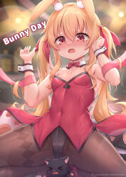 &gt;_&lt; 1girl absurdres alternate_language animal_ear_fluff animal_ears artist_request bare_shoulders black_cat black_leotard black_pantyhose blonde_hair blush bow bowtie breasts bunny_day cat clenched_hand commentary company_name copyright_notice detached_collar english_commentary english_text flying_sweatdrops furrowed_brow hair_between_eyes hair_ribbon highres kneeling leotard little_witch_nobeta long_hair nobeta nose_blush official_alternate_costume official_art open_mouth oversized_breast_cup pantyhose phyllis_(cat)_(little_witch_nobeta) phyllis_(little_witch_nobeta) playboy_bunny rabbit_ears red_bow red_bowtie red_eyes red_ribbon ribbon second-party_source small_breasts solo spread_legs strapless strapless_leotard traditional_bowtie twintails wrist_cuffs rating:Sensitive score:77 user:danbooru