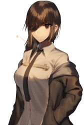  1girl black_jacket black_necktie braid breasts brown_eyes brown_hair closed_mouth eyepatch girls&#039;_frontline hands_in_pockets highres hood hooded_jacket jacket long_hair looking_at_viewer m16a1_(girls&#039;_frontline) multicolored_hair necktie scar scar_across_eye shirt simple_background smile solo xanax025 yellow_shirt 
