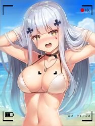  1girl armpits arms_up bikini bikini_top_only black_choker blue_sky blurry blurry_background blush breasts brown_eyes choker cleavage cloud collarbone commentary day depth_of_field facial_mark girls&#039;_frontline hair_ornament hands_in_hair head_tilt highres hk416_(girls&#039;_frontline) horizon jewelry large_breasts long_hair looking_at_viewer motokonut navel necklace nose_blush ocean open_mouth outdoors pendant recording ring ring_necklace silver_hair sky solo swimsuit very_long_hair viewfinder water white_bikini  rating:Sensitive score:44 user:danbooru
