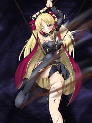  1girl bdsm blonde_hair clenched_teeth highres pain red_eyes tears teeth torn_clothes torture twintails whip_marks whipping wince  rating:Explicit score:11 user:DartAnyan