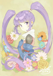 1girl flower gradient_background long_hair purple_eyes purple_hair solo sophie_(tales) t-okada tales_of_(series) tales_of_graces twintails rating:Sensitive score:2 user:danbooru