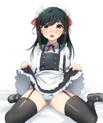  1boy adapted_costume akagi_kurage alternate_costume apron asashio_(kancolle) belt black_dress black_hair black_thighhighs blue_eyes blue_panties blush bulge buttons clothes_lift crossdressing dress dress_lift embarrassed enmaided frilled_dress frills garter_straps genderswap genderswap_(ftm) hair_ribbon heart highres kantai_collection long_hair long_sleeves maid maid_headdress male_focus mary_janes neck_ribbon open_mouth panties pinafore_dress red_ribbon ribbon shirt shoes side-tie_panties simple_background sitting sleeveless_dress solo sweatdrop text_focus thighhighs trap underwear wariza white_background white_shirt  rating:Questionable score:83 user:AliceKnowledge
