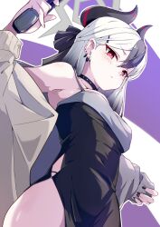  1girl black_choker black_dress black_hair black_horns blue_archive breasts choker closed_mouth demon_horns dress ear_piercing grey_halo grey_jacket hair_between_eyes halo highres horns jacket kayoko_(blue_archive) kayoko_(dress)_(blue_archive) long_hair long_sleeves medium_breasts mole mole_on_neck mosuke1221 multicolored_hair official_alternate_costume open_clothes open_jacket piercing red_eyes solo two-tone_hair white_hair 