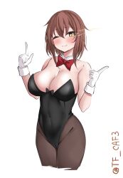  1girl animal_ears bare_shoulders black_leotard blush bow bowtie breasts brown_hair cleavage covered_navel cowboy_shot detached_collar furutaka_(kancolle) glowing highres kantai_collection leotard looking_at_viewer medium_breasts one_eye_closed pantyhose short_hair smile solo strapless strapless_leotard tf_cafe traditional_bowtie twitter_username wrist_cuffs yellow_eyes 