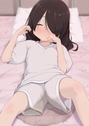 1girl arms_up bed bedwetting black_hair blush closed_eyes grey_shirt grey_shorts hair_over_one_eye hand_to_own_mouth highres hoono_yurumu loli long_hair lying on_back original peeing peeing_self pillow shirt short_sleeves shorts solo spread_legs thighs 