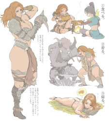1boy 2girls amazon_warrior armband armor ass asymmetrical_hair axe bandaid barbarian barbarian_(diablo_3) bikini_armor boned_meat boots breasts campfire character_request cleavage closed_eyes cooking diablo diablo_(series) diablo_3 dreaming drooling earrings eating food helmet highres horns indian_style jewelry large_breasts legband loincloth long_hair lying meat minotaur monster multiple_girls muscular muscular_female nappii_(nappy_happy) on_stomach orange_eyes orange_hair panties pelt red_hair rug shoulder_pads sitting slashing sleeping standing thick_thighs thighs thong thought_bubble topknot topless translation_request underwear vambraces weapon zzz rating:Questionable score:132 user:LightningCount