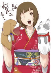 1girl brown_eyes brown_hair commentary_request hand_puppet japanese_clothes kimono long_sleeves looking_at_viewer nengajou new_year obi one_eye_closed open_mouth original puppet sash simple_background solo white_background yamamoto_enji 