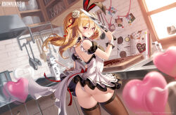 animal_ears ass balloon black_dress blonde_hair blush bowl breasts brown_dust_2 brown_thighhighs chibi cookbook cooking_pot copyright_name cupboard cutting_board dress emoji fake_animal_ears feet_out_of_frame flower frilled_dress frilled_wrist_cuffs frills from_behind frying_pan glass gray_(brown_dust) hair_between_eyes hair_flower hair_ornament heart_balloon highres holding holding_knife kitchen kitchen_knife knife ladle liatris_(brown_dust) licking_lips looking_at_viewer looking_back medium_breasts medium_hair milk_carton official_art picture_frame pink_eyes plate rabbit_ears salt_shaker second-party_source short_twintails silence_girl skindentation spoon stove thighhighs tongue tongue_out twintails two-tone_dress white_dress window_shadow wrist_cuffs