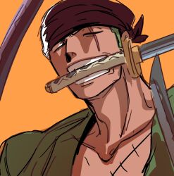  1boy absurdres bandana commentary english_commentary facial_scar green_hair highres holding holding_sword holding_weapon japanese_clothes kimono looking_at_viewer male_focus mouth_hold one_piece orange_background rita_ya roronoa_zoro scar scar_on_cheek scar_on_face short_hair solo sword triple_wielding weapon 