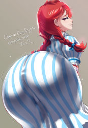 1girl amano_cigusa ass ass_focus ass_shake bad_anatomy bent_over braid brown_background commentary_request dress dutch_angle english_text food freckles grin highres huge_ass long_hair looking_at_viewer looking_back naughty_face product_girl red_eyes red_hair simple_background smile solo striped_clothes striped_dress twin_braids wendy&#039;s wendy_(wendy&#039;s) rating:Questionable score:163 user:danbooru