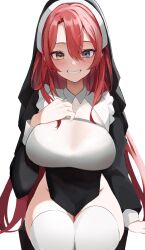  1girl absurdres bare_hips black_dress blue_eyes breasts brown_eyes commission dress grin habit hair_between_eyes hand_on_own_chest heterochromia highres indie_virtual_youtuber invisible_chair large_breasts long_hair long_sleeves looking_at_viewer mukana_meme nun pelvic_curtain red_hair riara_(vtuber) shirt simple_background sitting skeb_commission smile solo thighhighs very_long_hair virtual_youtuber white_background white_shirt white_thighhighs 