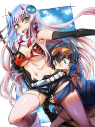 10s 1boy 1girl armband bare_shoulders belt bikini bikini_top_only black_hair blue_eyes blush breasts cleavage commentary_request core_drill cosplay couple darling_in_the_franxx elbow_gloves embarrassed fangs fingerless_gloves frown gloves goggles goggles_on_head green_eyes gun hair_ornament hair_stick height_difference herozu_(xxhrd) hetero highres hiro_(darling_in_the_franxx) horns jacket jewelry large_breasts long_hair long_sleeves looking_at_viewer machine_gun navel necklace oni_horns pink_hair pink_thighhighs red_horns scarf shiny_clothes short_hair short_shorts shorts simon simon_(cosplay) simon_(ttgl) skull_hair_ornament striped_clothes striped_scarf studded_belt sweatdrop swimsuit tengen_toppa_gurren_lagann thighhighs weapon yoko_littner yoko_littner_(cosplay) zero_two_(darling_in_the_franxx)