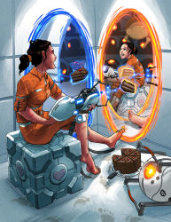 1girl aperture_science_handheld_portal_device barefoot black_forest_cake blue_eyes brown_hair cake chell dirty dirty_feet feet food footprints glados jumpsuit niccolo_balce orange_jumpsuit ponytail portal_(object) portal_(series) portal_1 robotnicc sitting sleeves_rolled_up valve aperture_science_weighted_companion_cube rating:Sensitive score:50 user:danbooru