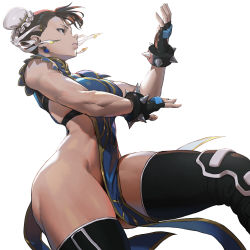  1girl black_thighhighs bracelet bun_cover capcom chun-li earrings highres jewelry loped no_panties official_alternate_costume parted_lips pelvic_curtain revealing_clothes shirt short_hair simple_background sleeveless sleeveless_shirt solo spiked_bracelet spikes street_fighter tabard thighhighs thighs white_background  rating:Sensitive score:132 user:danbooru