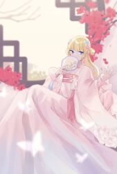  1girl absurdres blonde_hair blue_eyes blue_flower blunt_bangs branch bug butterfly cherry_blossoms chinese_clothes commentary_request covering_own_mouth dangle_earrings dress earrings flower frilled_sleeves frills full_body hair_flower hair_ornament hair_rings hand_fan hanfu highres holding holding_fan insect jewelry kotake_8 lattice long_hair looking_at_viewer original pink_dress pink_flower qixiong_ruqun red_flower ruqun sitting solo tuanshan wide_sleeves window 