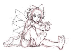1girl barefoot bloomers bow cirno feet foot_focus full_body hair_bow highres kuro_suto_sukii monochrome open_mouth outstretched_arms short_hair simple_background sitting sketch soles solo stretching toes touhou underwear white_background rating:Sensitive score:11 user:danbooru