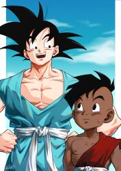  2boys black_eyes black_hair dragon_ball happy master_and_pupil multiple_boys muscular muscular_male nervous nervous_sweating smile son_goku sweat tagme uub 