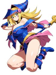  1girl absurdres arm_behind_head bare_legs bare_shoulders blonde_hair blue_dress blue_footwear blue_headwear blush_stickers boots breasts cleavage dark_magician_girl detached_sleeves dot_mouth dress floating green_eyes highres holding holding_staff large_breasts long_hair looking_at_viewer sadamoto_hokuto simple_background sleeveless sleeveless_dress solo staff strapless strapless_dress white_background yu-gi-oh! 