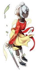 1girl absurdres copyright_request dark_skin hanbok highres jewelry korean_clothes looking_to_the_side multiple_rings pointy_ears red_eyes ring solo tagme user_wgtw7488 white_background white_hair 