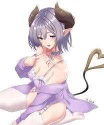  1girl blush bra breasts brown_horns cleavage commentary_request demon_girl demon_horns frilled_bra frills full_body garter_straps highres horns large_breasts looking_at_viewer medium_bangs nanashi_inc. off_shoulder open_mouth pointy_ears purple_bra purple_eyes purple_hair purple_shirt ryokuoushoku_hitode saionji_mary seiza shirt short_hair simple_background sitting smile solo thighhighs underwear virtual_youtuber white_background white_thighhighs 