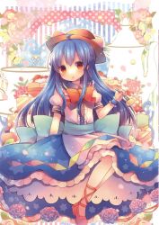  1girl blue_hair coa_(chroo_x) dress flower food fork full_body hat highres hinanawi_tenshi layered_dress leg_ribbon long_hair looking_at_viewer non-web_source open_mouth puffy_sleeves red_eyes ribbon sash scan shoes short_sleeves sitting solo striped striped_background sweets touhou wrist_cuffs  rating:Sensitive score:6 user:danbooru
