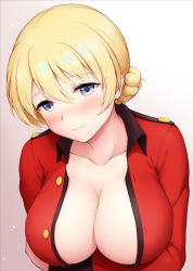 1girl arm_under_breasts blonde_hair blue_eyes blush braid breast_hold breasts chacharan collarbone darjeeling_(girls_und_panzer) epaulettes french_braid girls_und_panzer gradient_background jacket large_breasts long_sleeves looking_at_viewer military_jacket nose_blush open_clothes open_jacket red_jacket school_uniform short_hair smile solo st._gloriana&#039;s_military_uniform upper_body rating:Questionable score:17 user:danbooru