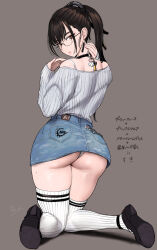  1girl ass black_footwear black_hair closed_mouth denim denim_skirt drop_earrings earrings eve_(stellar_blade) from_behind glasses grey_sweater hashtag-only_commentary jewelry kneeling long_hair looking_at_viewer looking_back mechanical_spine miyamoto_issa off-shoulder_sweater off_shoulder panties ponytail ribbed_sweater simple_background skirt socks solo stellar_blade sweater thighhighs translation_request underwear white_panties white_socks white_thighhighs 