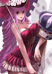  1girl bare_shoulders black_eyes breasts cleavage collarbone covered_erect_nipples dress female_focus hat highres hug large_breasts lipstick long_hair low_twintails makeup one_piece perona pink_hair red_dress strapless strapless_dress twintails umbrella very_long_hair yazuwo  rating:Questionable score:51 user:waxaxe