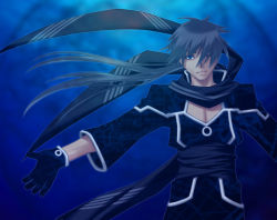 1boy blue_eyes blue_hair coat gloves male_focus open_clothes open_shirt outstretched_arms scarf short_hair solo spread_arms underwater uruido  rating:Sensitive score:0 user:PearFinch