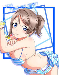 1girl blue_eyes breasts brown_hair cleavage gx9900wing highres looking_at_viewer love_live! love_live!_sunshine!! medium_breasts new_year short_hair solo swimsuit watanabe_you