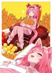  1girl =_= absurdres animal_ears barefoot blanket blush blush_stickers border bow carrot commentary_request corn dreaming drooling ear_wiggle freely2327 hair_between_eyes hairband hamburger_steak haru_urara_(umamusume) highres holding holding_carrot horse_ears horse_girl horse_tail long_hair long_sleeves mouth_drool multiple_views open_mouth pajamas pillow pink_hair pink_pajamas ponytail red_hairband sitting_on_food sleeping smile tail umamusume white_border white_bow 