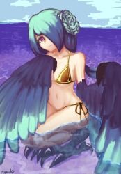  1girl artist_name bikini bird_legs blue_feathers blue_flower blue_hair blue_wings breasts claws commentary digitigrade feather_hair feathers flower gold_bikini gradient_hair gradient_wings hair_flower hair_ornament hair_over_one_eye harpy highres long_hair looking_at_viewer loto_(myrneko) monster_girl multicolored_hair multicolored_wings myrneko navel original partially_submerged pink_eyes side-tie_bikini_bottom small_breasts solo squatting swimsuit talons winged_arms wings yellow_bikini 